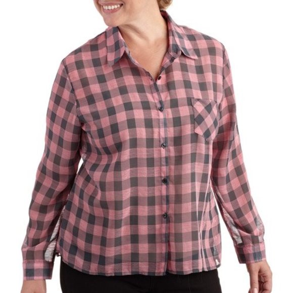 Faded Glory top Small 4/6 plaid sheer hi low chiffon button up down pocket check - Picture 16 of 16